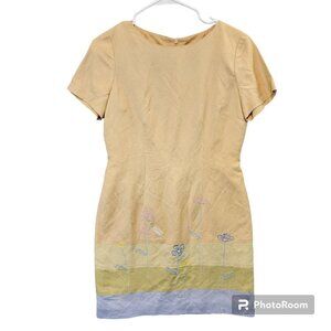 VTG 90's Positive Attitude Dress Sz 4 Petite Linen Blend Tan Embroidered
